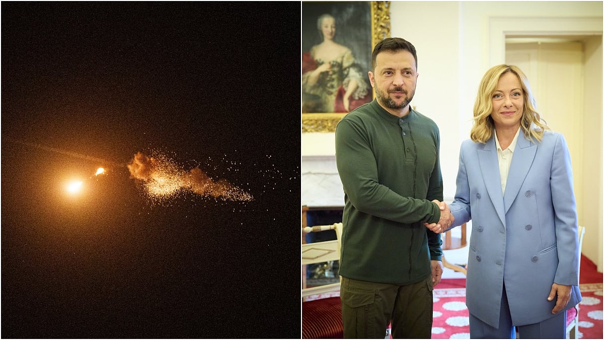 AP/X/@ZelenskyyUa : Ukrainian forces intercept a Shahed drone from Russia (L) | Zelenskyy with Italian PM (R) | 